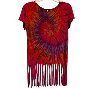 Red Tie Dye Multicolored Fringed Rayon T-Shirt, Women’s Medium